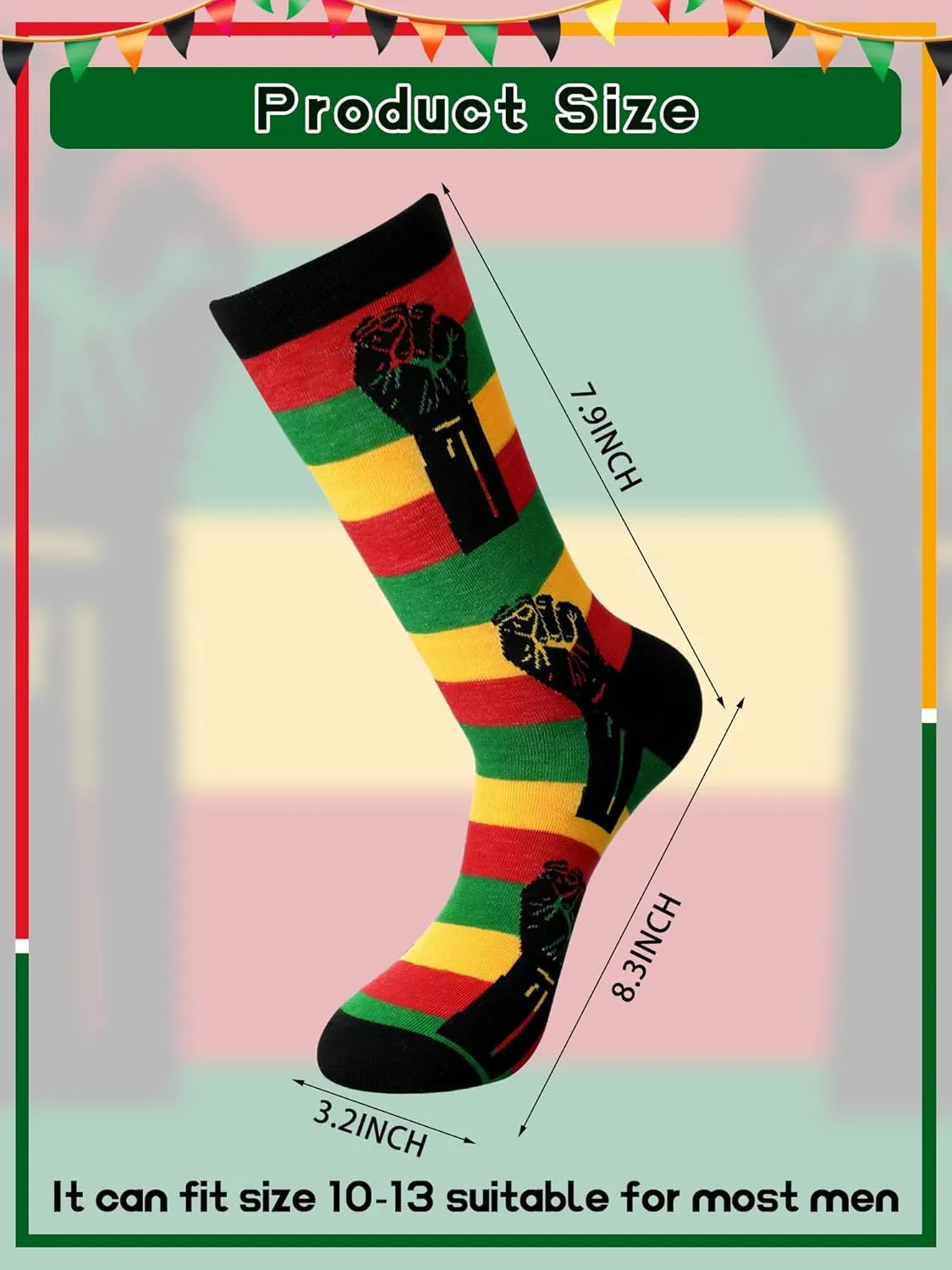 4 Pairs Juneteenth Socks for Men African Flag Funny Crew Socks June 19th Gift Black History Month