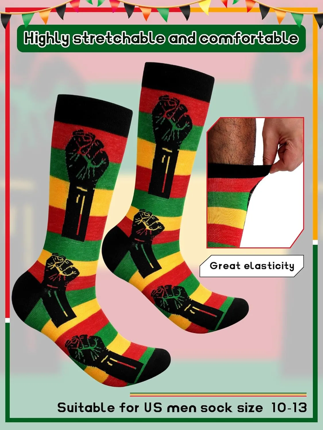 4 Pairs Juneteenth Socks for Men African Flag Funny Crew Socks June 19th Gift Black History Month