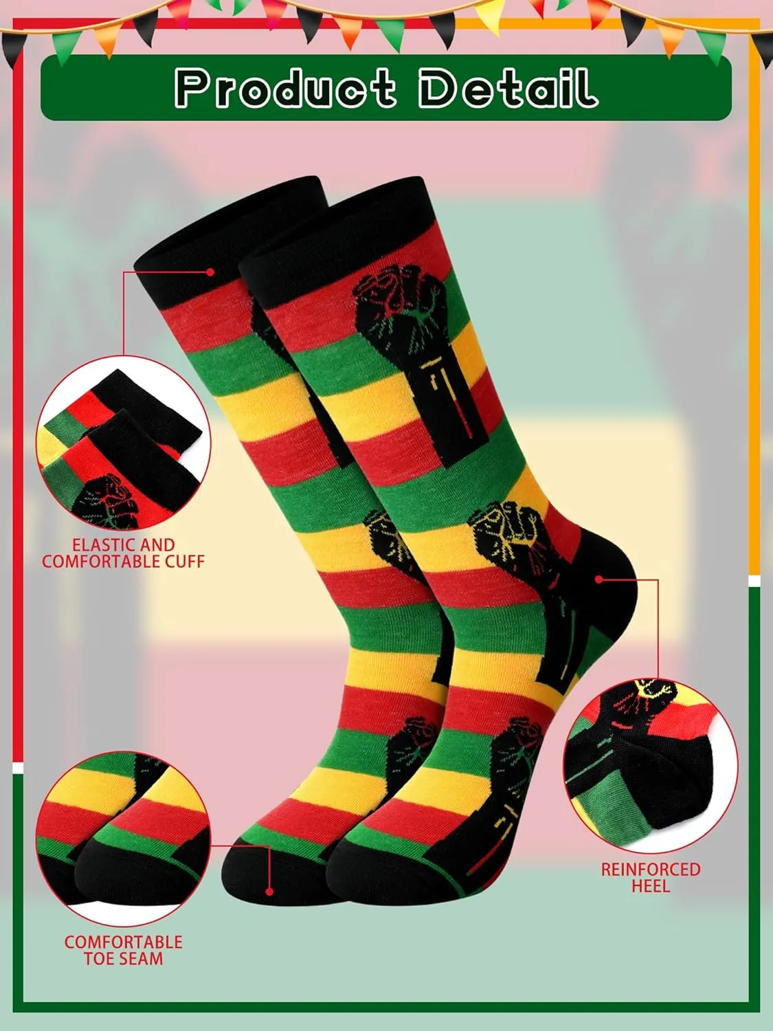 4 Pairs Juneteenth Socks for Men African Flag Funny Crew Socks June 19th Gift Black History Month