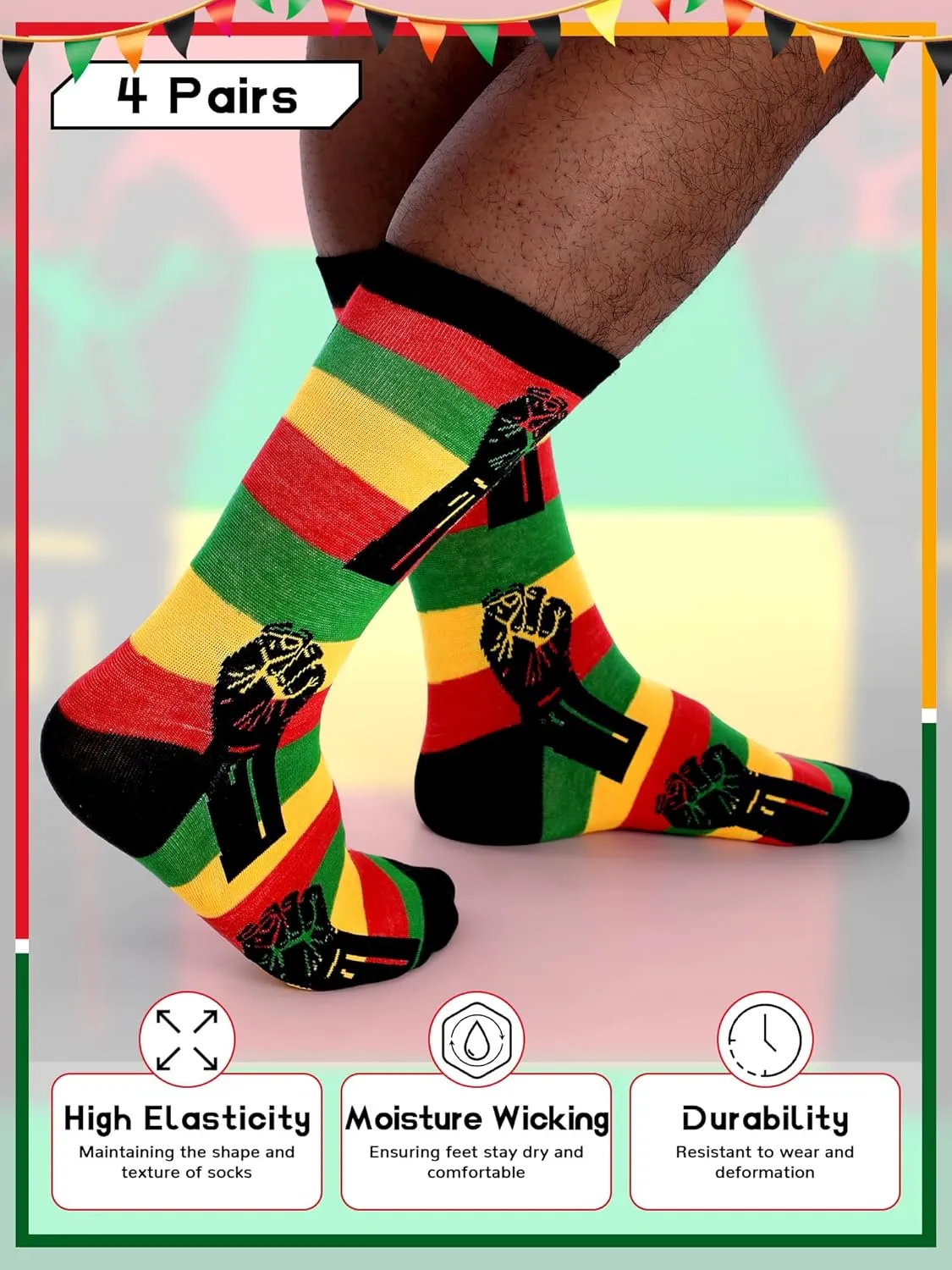 4 Pairs Juneteenth Socks for Men African Flag Funny Crew Socks June 19th Gift Black History Month