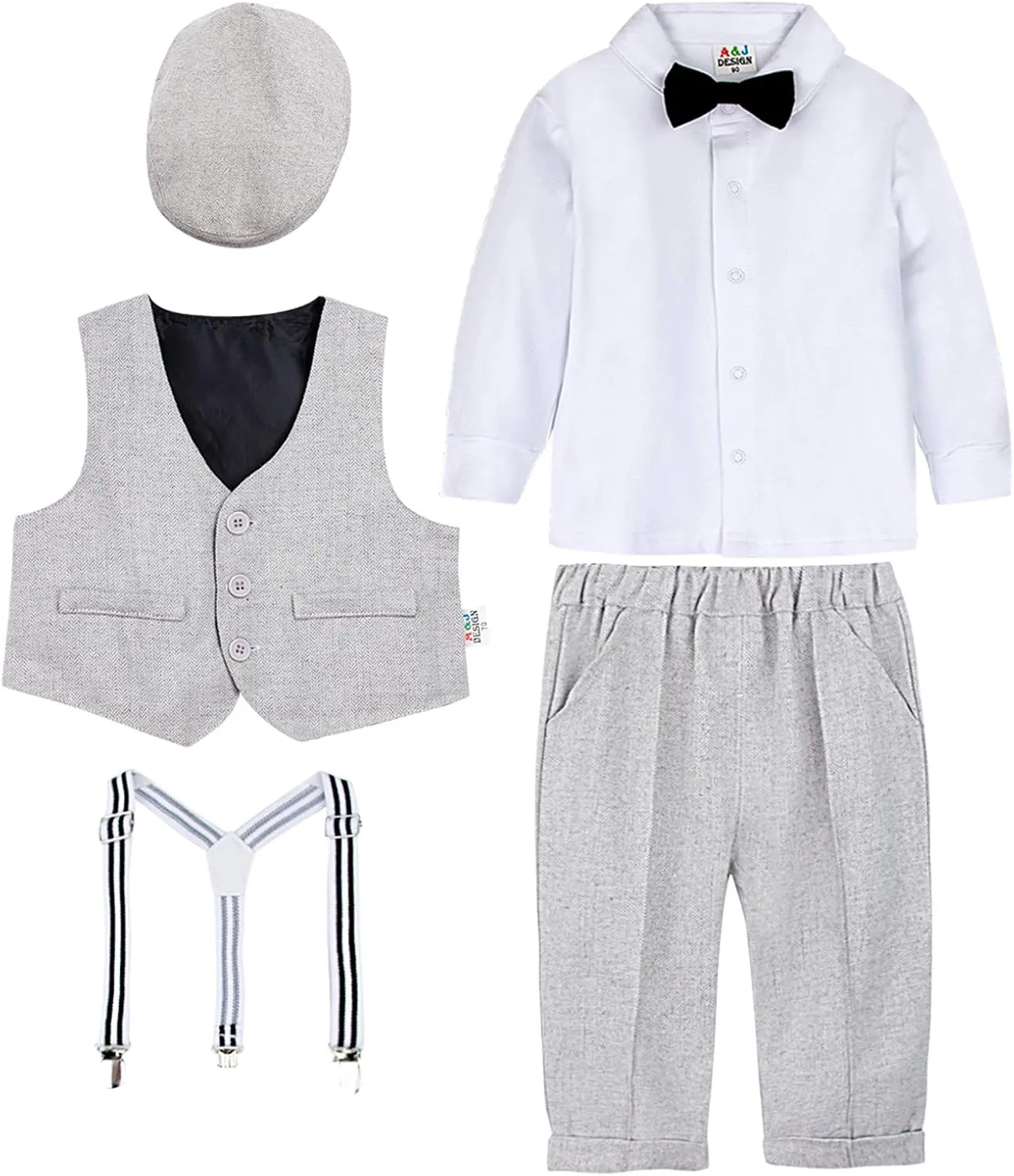 A&J DESIGN 5pcs Baby Boys Suit, 12 Months - 3T, Shirt & Pants & Vest & Hat & Bow Tie