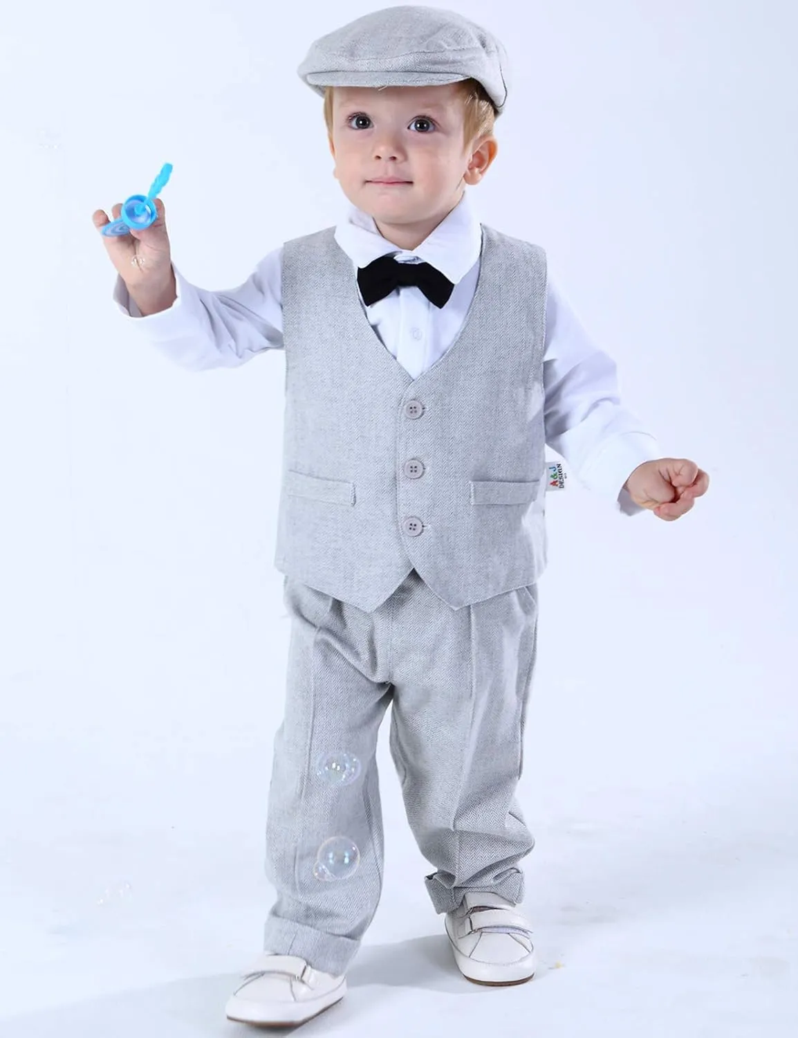 A&J DESIGN 5pcs Baby Boys Suit, 12 Months - 3T, Shirt & Pants & Vest & Hat & Bow Tie