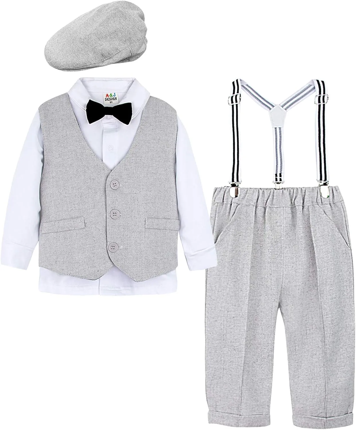A&J DESIGN 5pcs Baby Boys Suit, 12 Months - 3T, Shirt & Pants & Vest & Hat & Bow Tie
