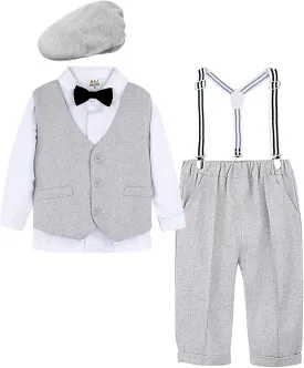 A&J DESIGN 5pcs Baby Boys Suit, 12 Months - 3T, Shirt & Pants & Vest & Hat & Bow Tie