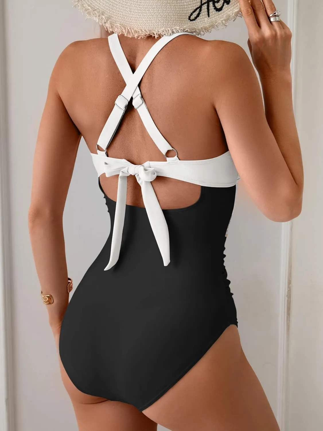 B2prity One Piece Swimsuit for Women Tummy Control V Neck Bathing Suit Color Block High Waisted Cutout Swimwear