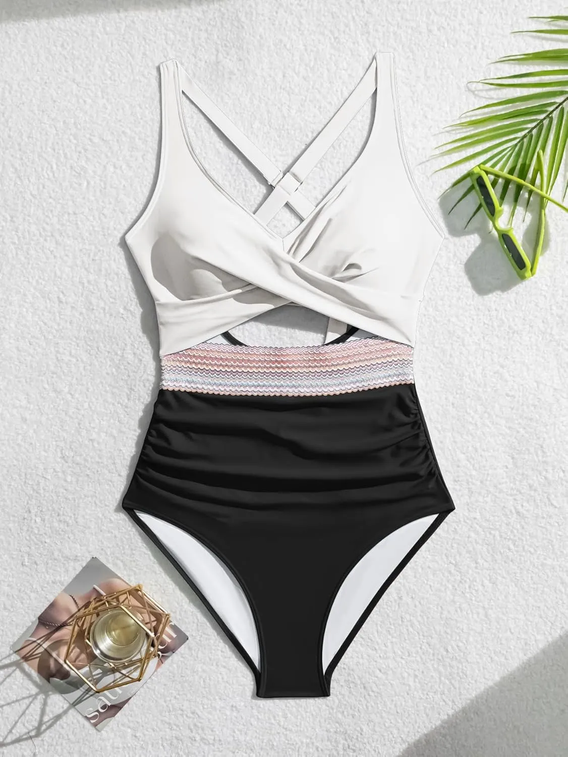 B2prity One Piece Swimsuit for Women Tummy Control V Neck Bathing Suit Color Block High Waisted Cutout Swimwear