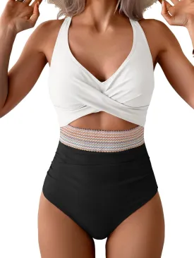 B2prity One Piece Swimsuit for Women Tummy Control V Neck Bathing Suit Color Block High Waisted Cutout Swimwear
