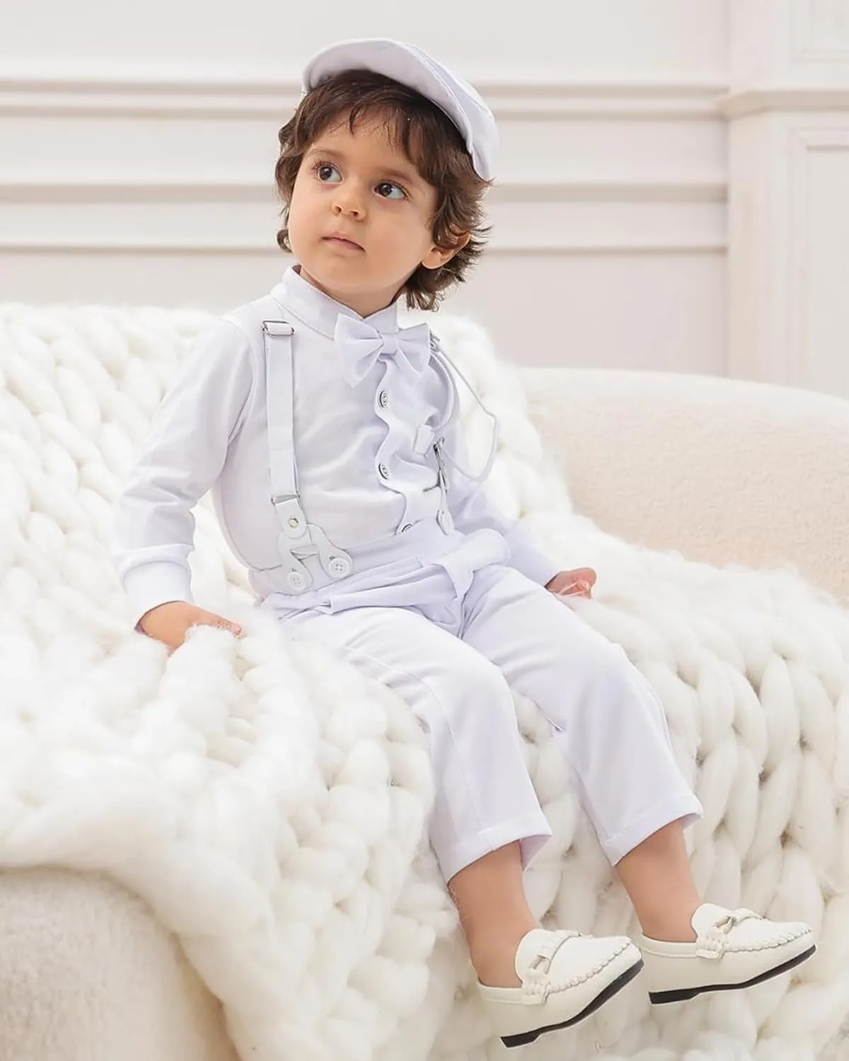 Baby Boy Clothes Suits 0-24M Infant Gentleman Outfit Long Sleeve Dress Shirt Suspender Pants Bowtie Beret Wedding Set