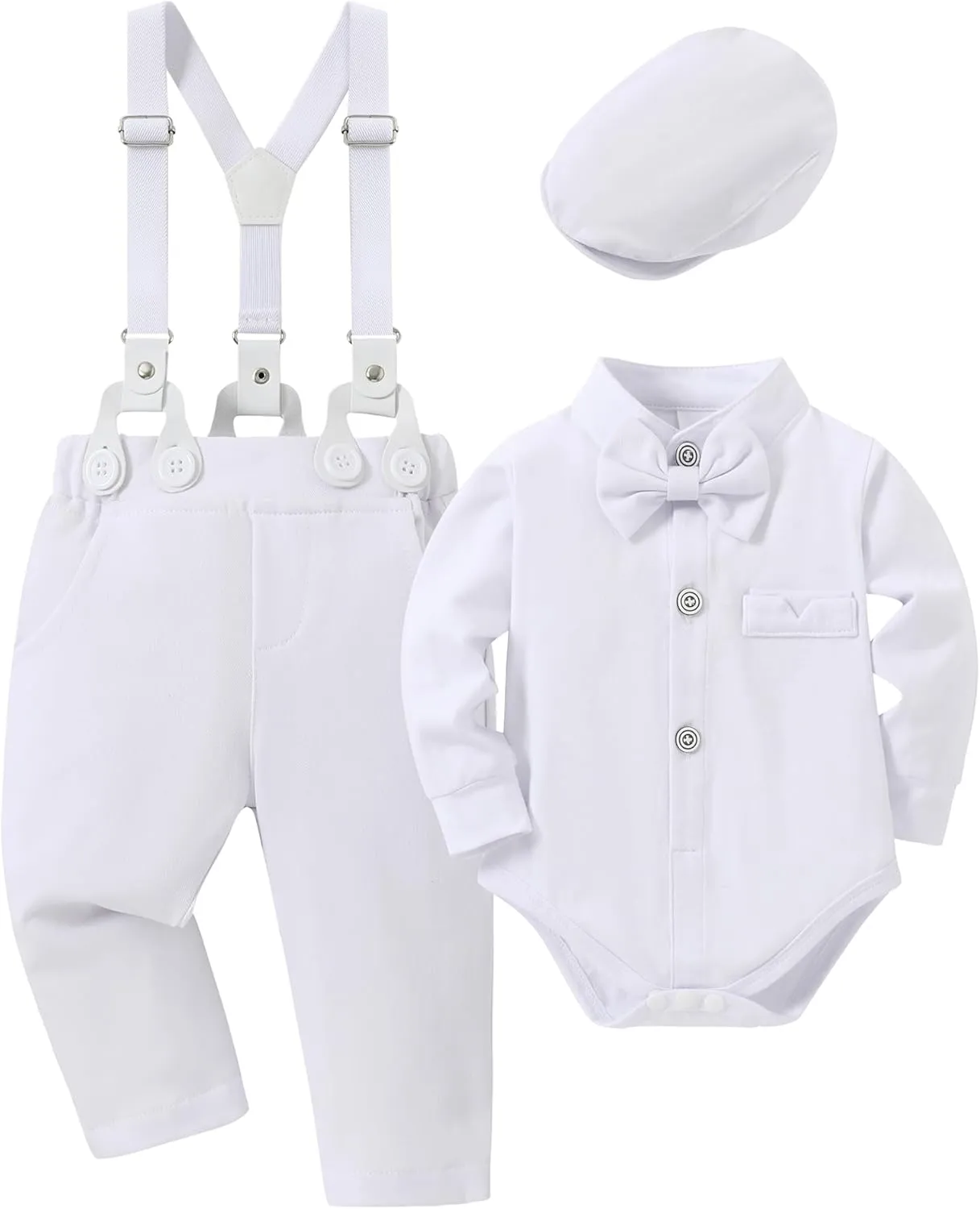 Baby Boy Clothes Suits 0-24M Infant Gentleman Outfit Long Sleeve Dress Shirt Suspender Pants Bowtie Beret Wedding Set