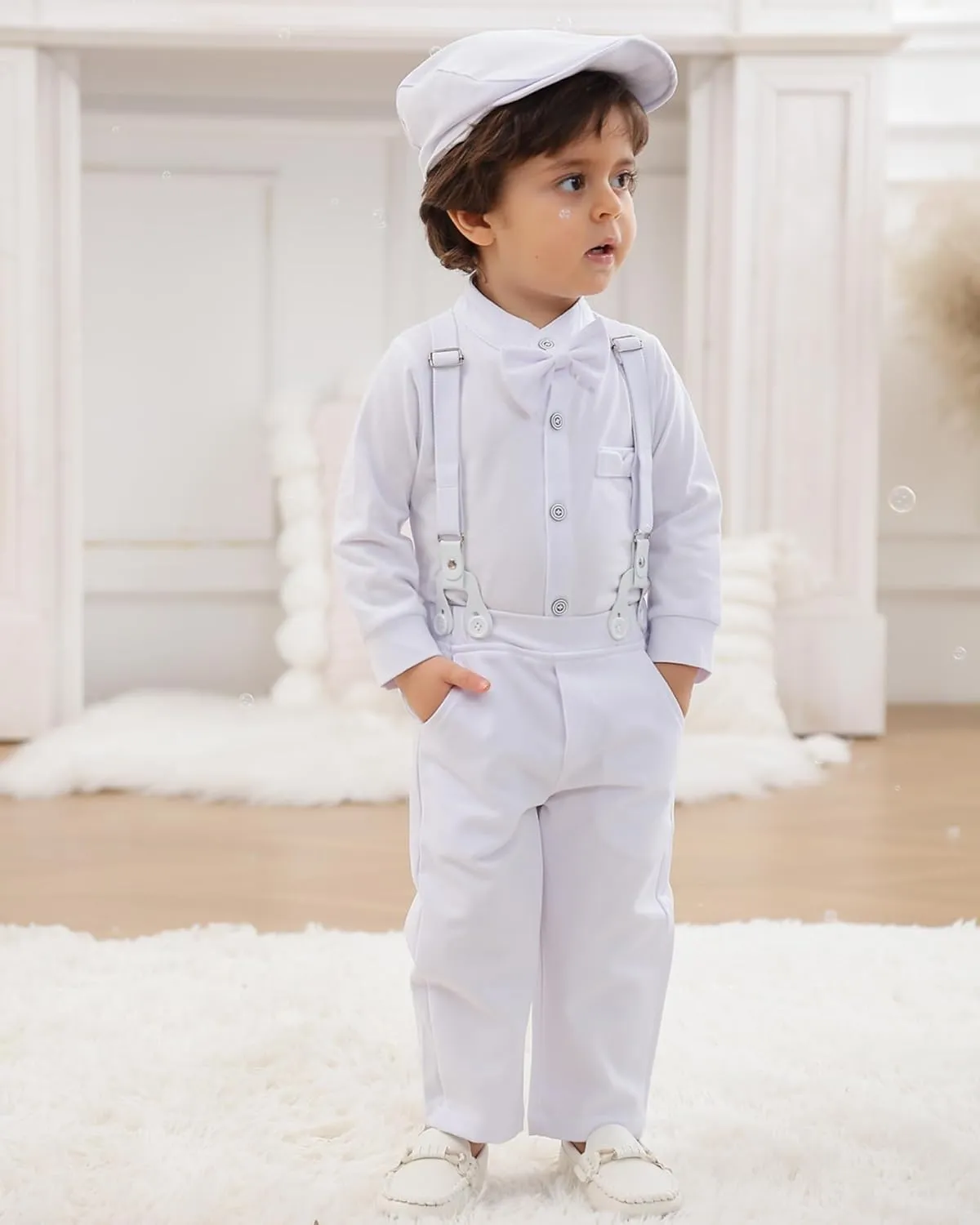 Baby Boy Clothes Suits 0-24M Infant Gentleman Outfit Long Sleeve Dress Shirt Suspender Pants Bowtie Beret Wedding Set