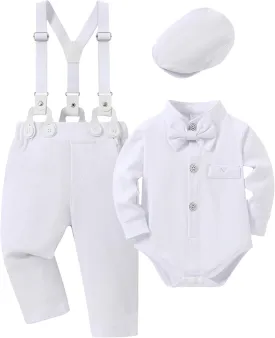 Baby Boy Clothes Suits 0-24M Infant Gentleman Outfit Long Sleeve Dress Shirt Suspender Pants Bowtie Beret Wedding Set