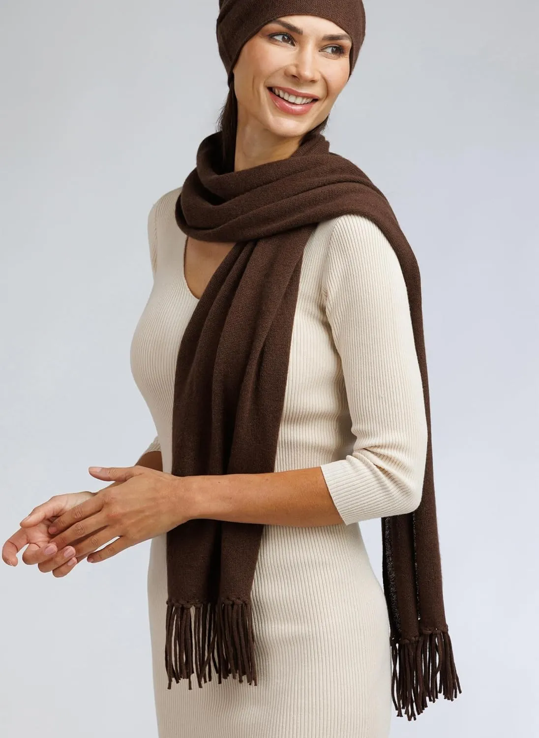 Fishers Finery Women's 100% Pure Cashmere Knit Scarf with Fringe Detail; with Black Label Box