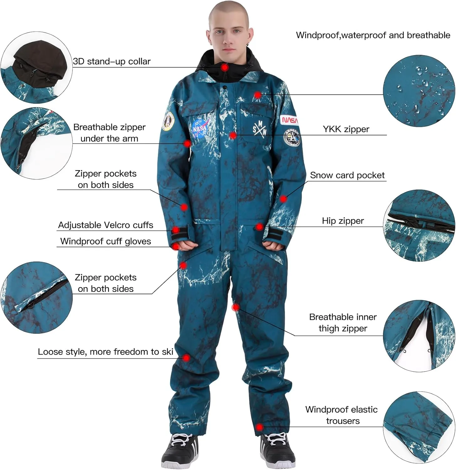GSOU SNOW Ski Suits Women Men One Piece Snow Suits Waterproof Windproof Men Snowsuit Insulated Ski Jumpsuit for Snow Sports