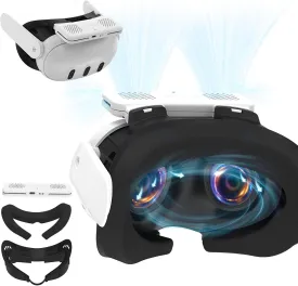 Hibloks Cooling Fan Mask for Meta/Oculus Quest 3 Accessories, Circulates Ventilation to Eliminate Glass Fogging (Breathable Ice Silk Cotton) 3-in-1 Face Pad with Booster Pad for Glasses Wearers