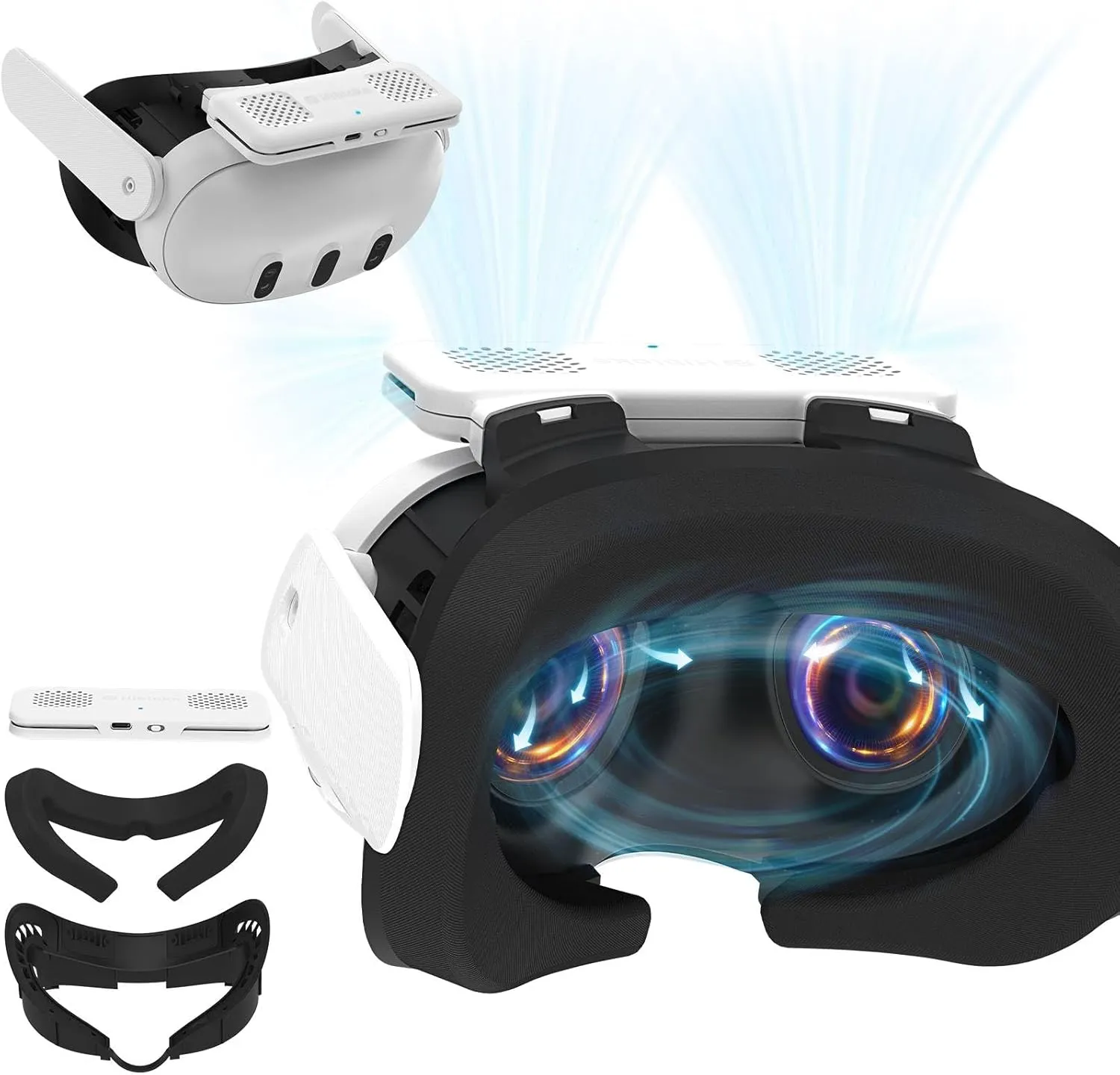 Hibloks Cooling Fan Mask for Meta/Oculus Quest 3 Accessories, Circulates Ventilation to Eliminate Glass Fogging (Breathable Ice Silk Cotton) 3-in-1 Face Pad with Booster Pad for Glasses Wearers