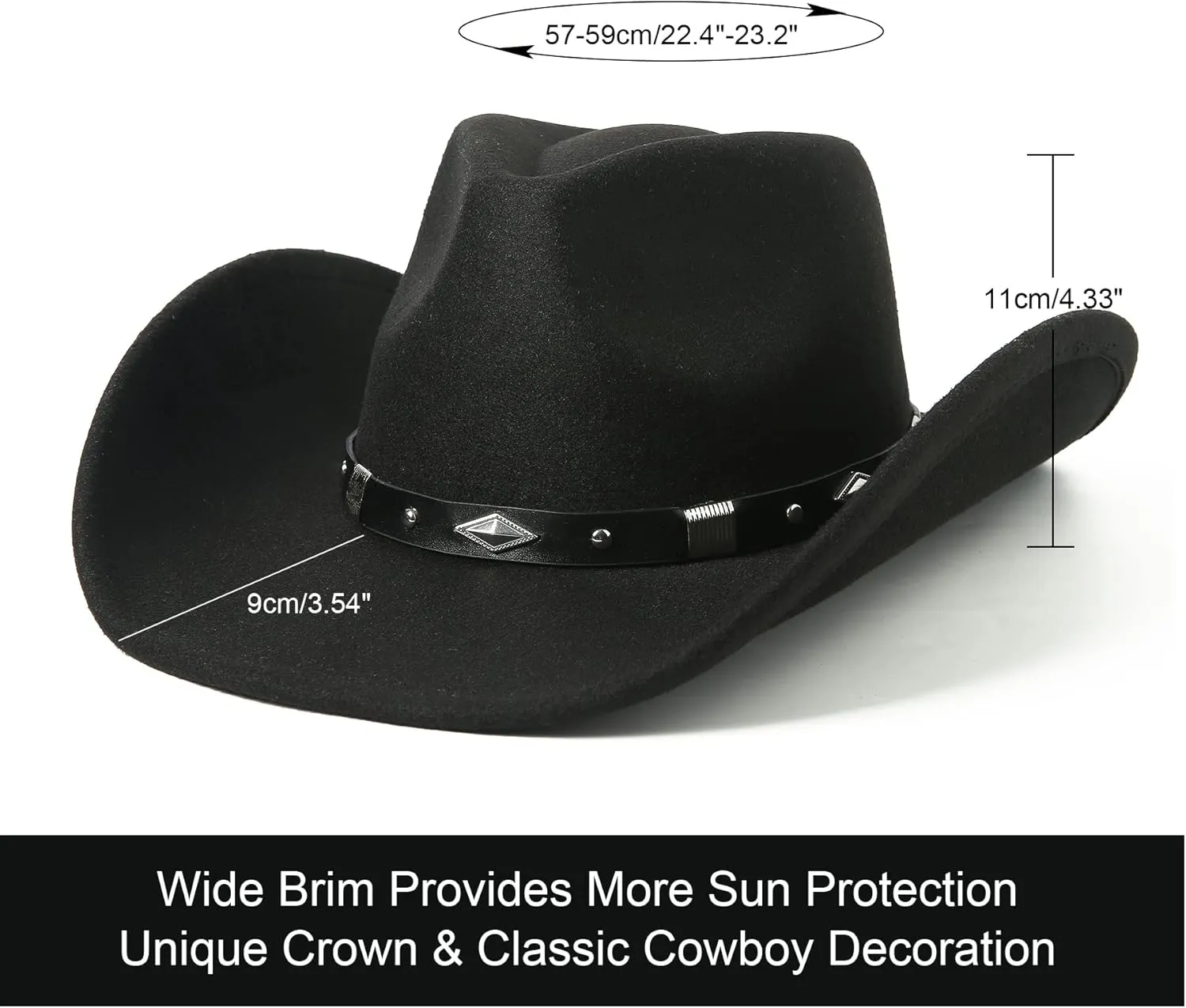 Lanzom Women Men Classic Felt Wide Brim Western Cowboy Cowgirl Hat with Belt Buckle