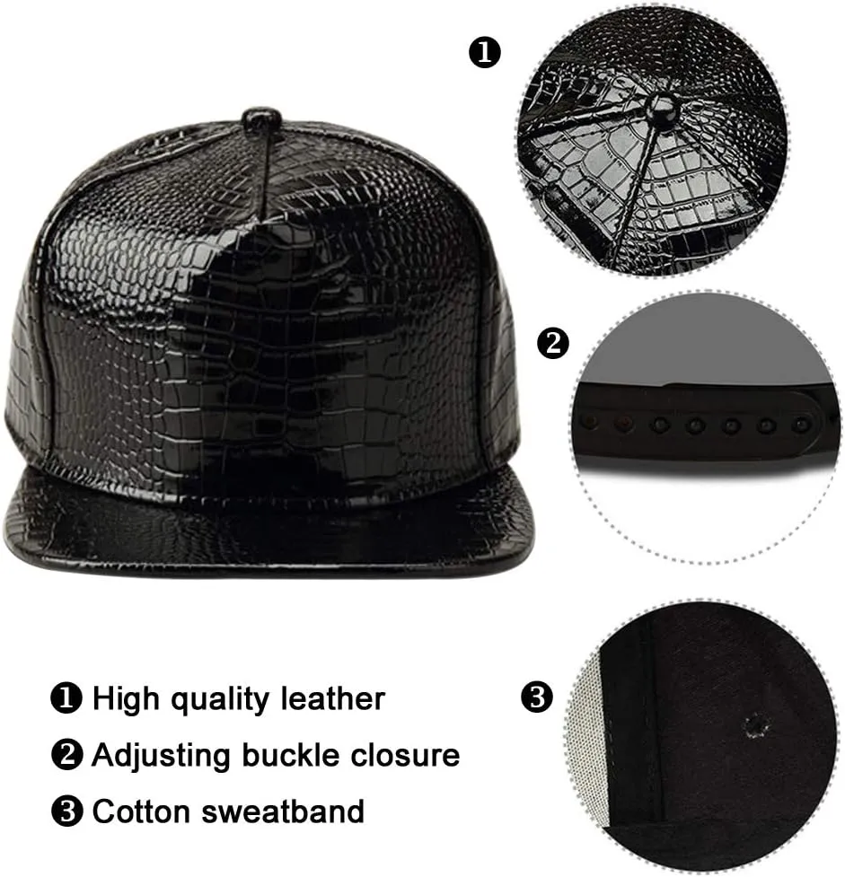 Men Women PU Leather Hip-Hop Flat Bill Snapback Hat Crocodile Baseball Caps