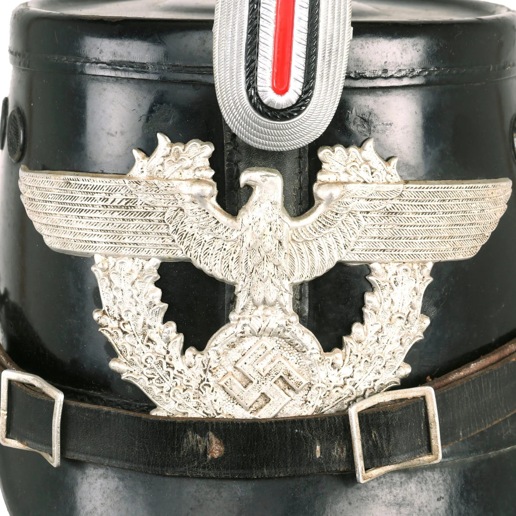 Original German Pre-WWII Early Pattern Metropolitan Police Shako in Black with Cockade & Chinstrap