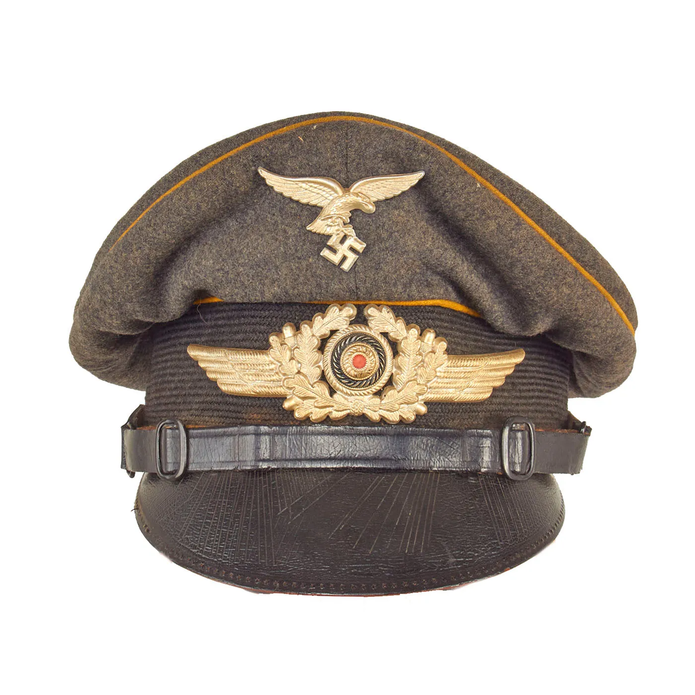 Original German WWII Luftwaffe Flight Branch EM & NCO Schirmmütze Visor Cap with Jüterbog Airfield Marking
