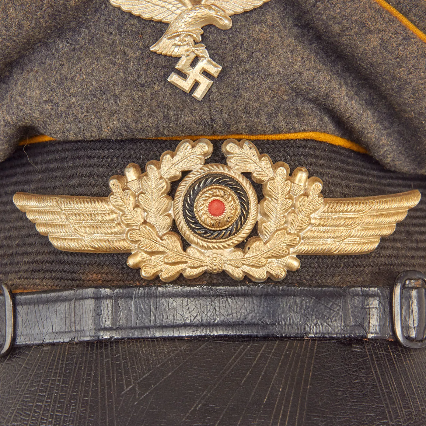 Original German WWII Luftwaffe Flight Branch EM & NCO Schirmmütze Visor Cap with Jüterbog Airfield Marking