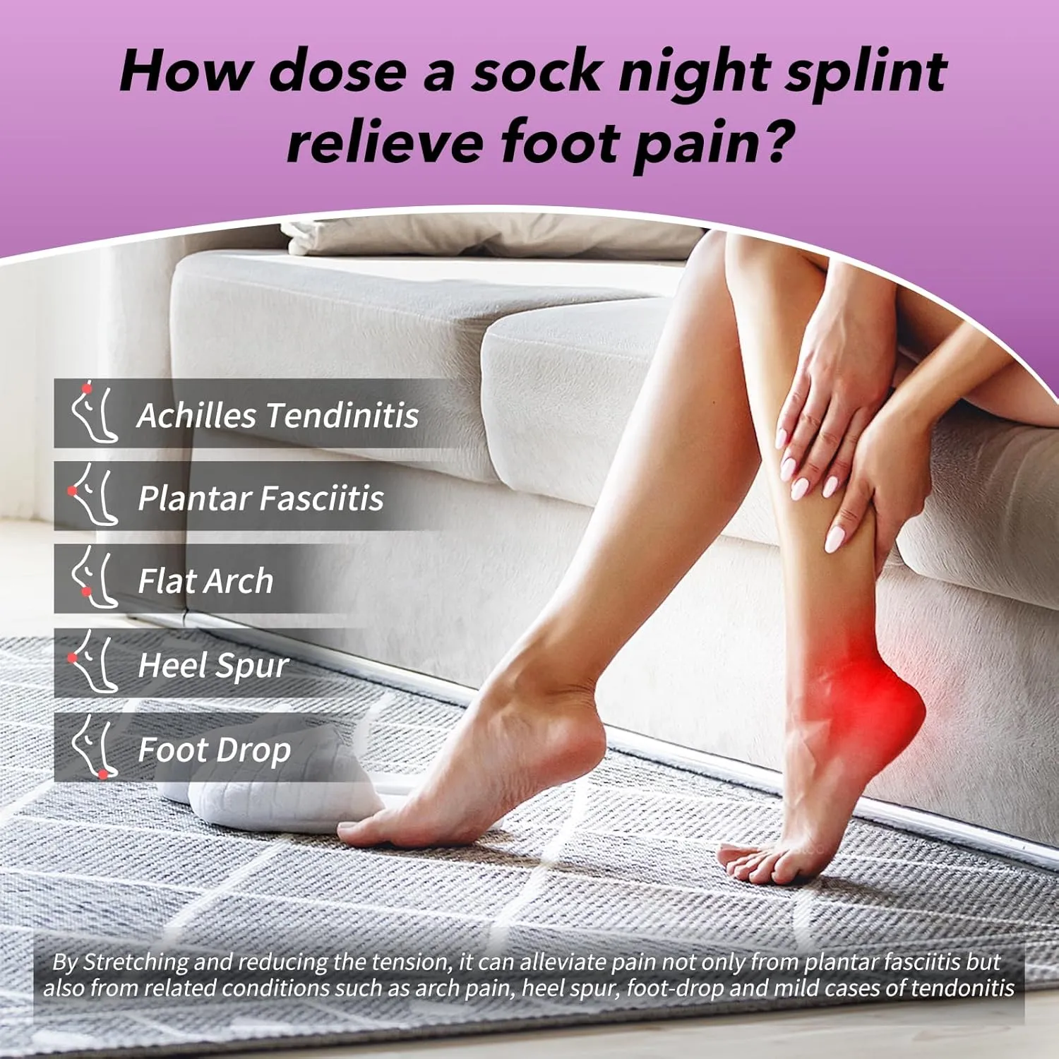 Plantar Fasciitis Night Splint Sock with Massage Ball for Tension Relief, Alleviate Pain from Plantar Fasciitis, Arch Pain, Heel Spur, Foot-drop and Achilles Tendonitis, Soft and Comfortable Foot Brace for Men and Women, Large-Purple