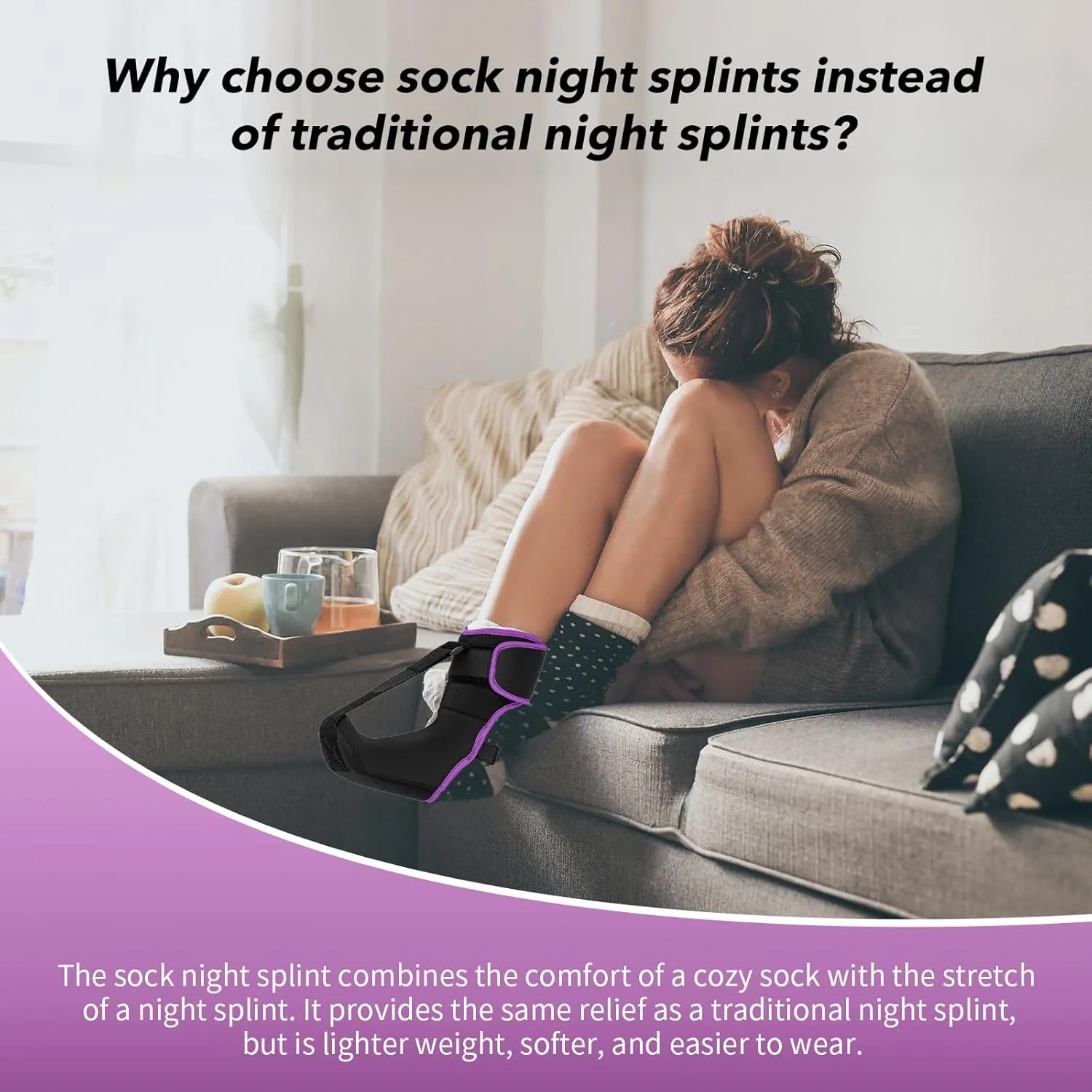 Plantar Fasciitis Night Splint Sock with Massage Ball for Tension Relief, Alleviate Pain from Plantar Fasciitis, Arch Pain, Heel Spur, Foot-drop and Achilles Tendonitis, Soft and Comfortable Foot Brace for Men and Women, Large-Purple