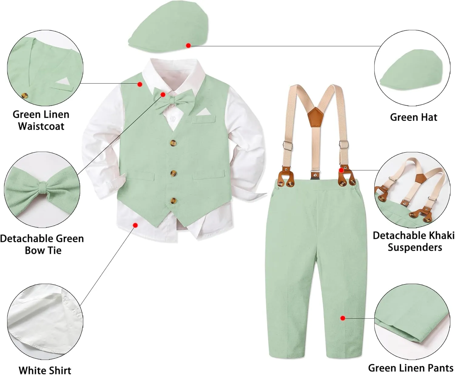 SANGTREE Boys Kids Little Boy Formal Suits Clothes Set, Shirt with Bow Tie Beret Hat Suspender Pants Sets, 3 Months - 9 Years