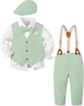 SANGTREE Boys Kids Little Boy Formal Suits Clothes Set, Shirt with Bow Tie Beret Hat Suspender Pants Sets, 3 Months - 9 Years