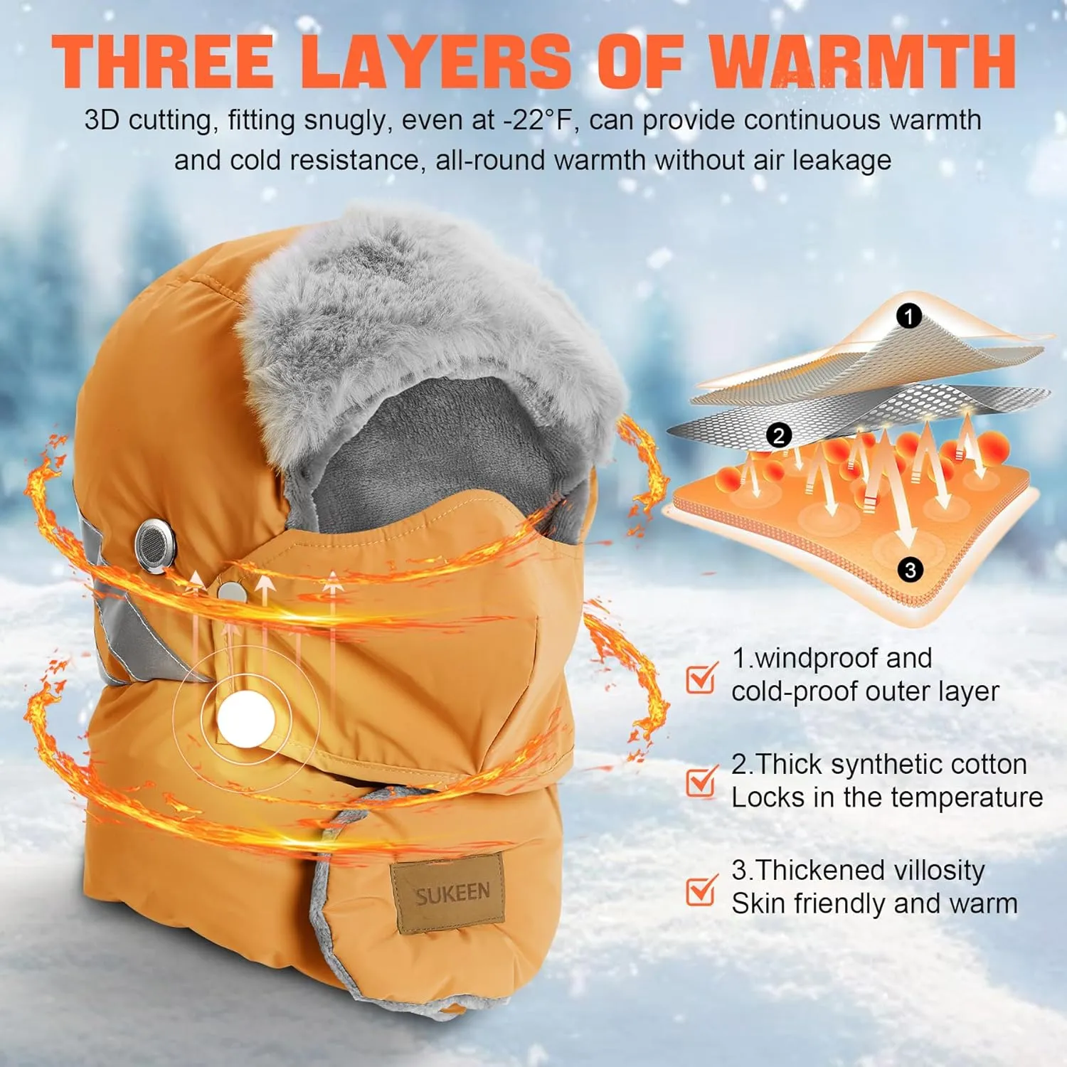 Sukeen Trapper Hats Windproof Winter Hat Water Repellent Warm Hat Lightweight Earflap Hat with Mask for Cold Snow Weather