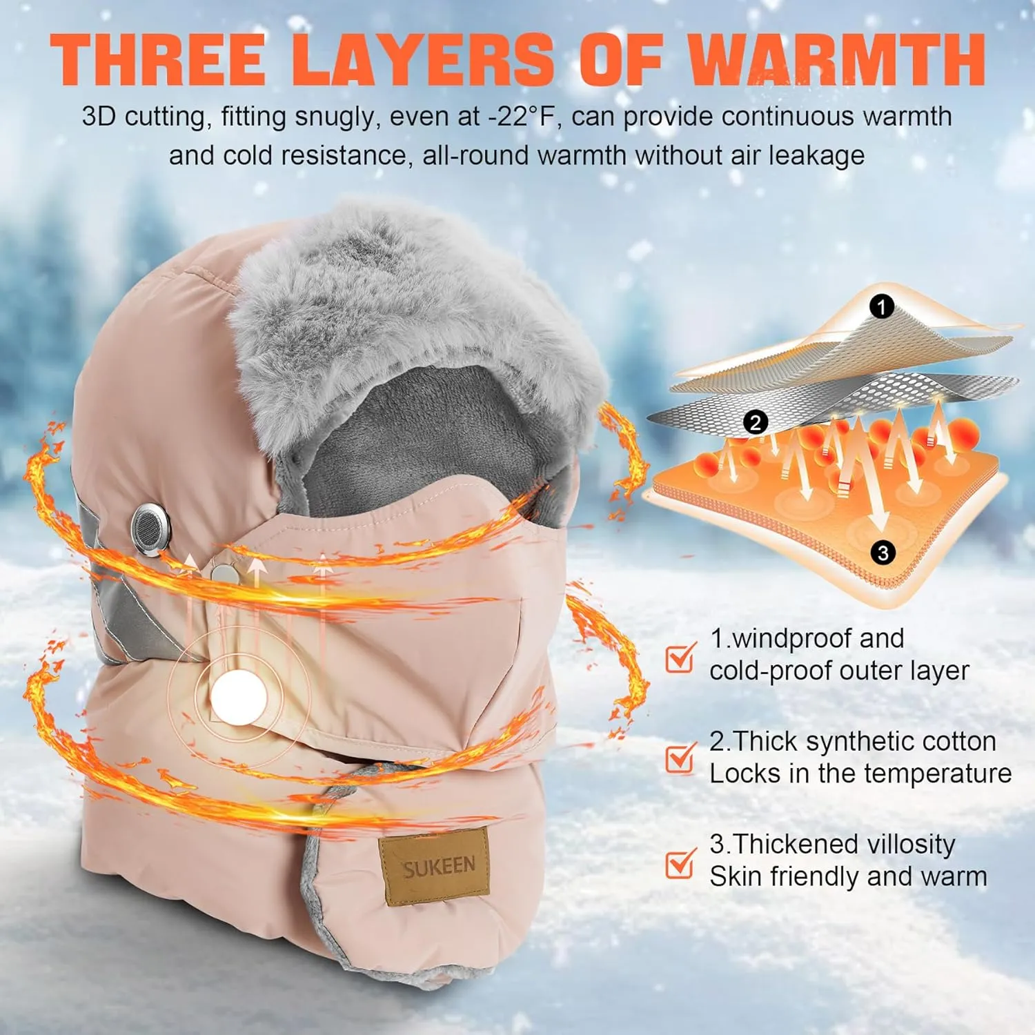 Sukeen Trapper Hats Windproof Winter Hat Water Repellent Warm Hat Lightweight Earflap Hat with Mask for Cold Snow Weather