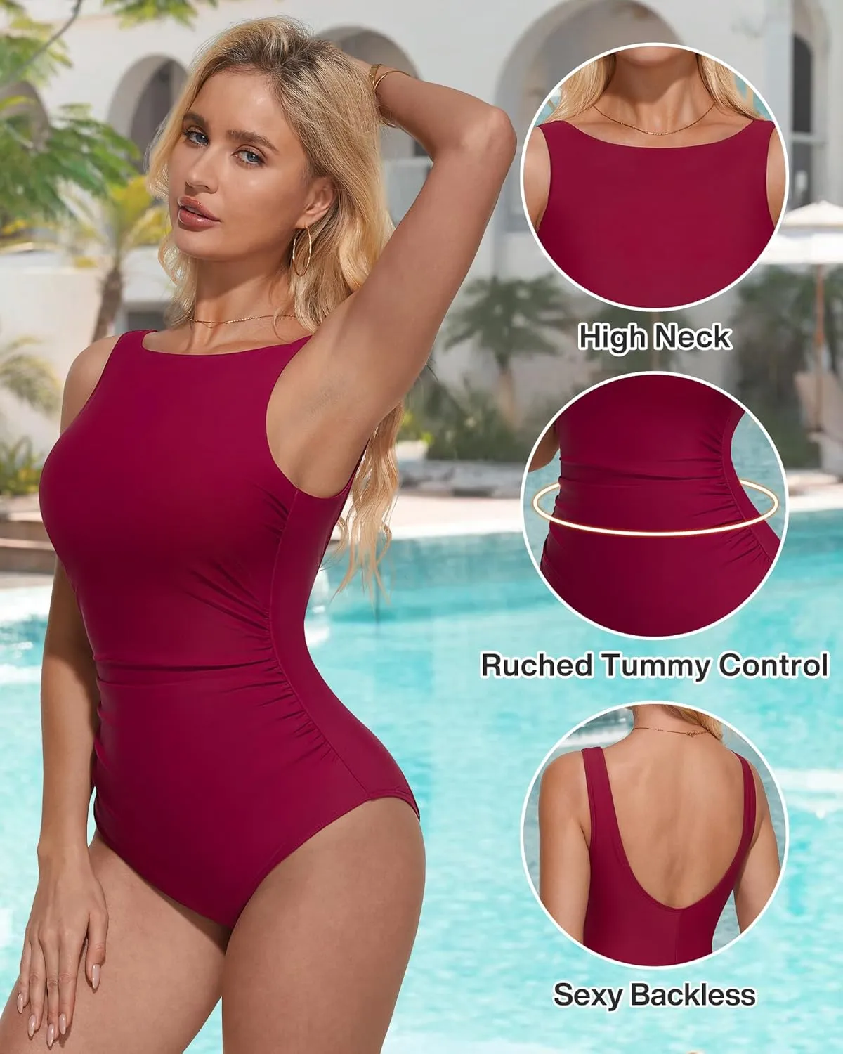 SUUKSESS Women One Piece Ruched Swimsuit Tummy Control Backless Bathing Suit