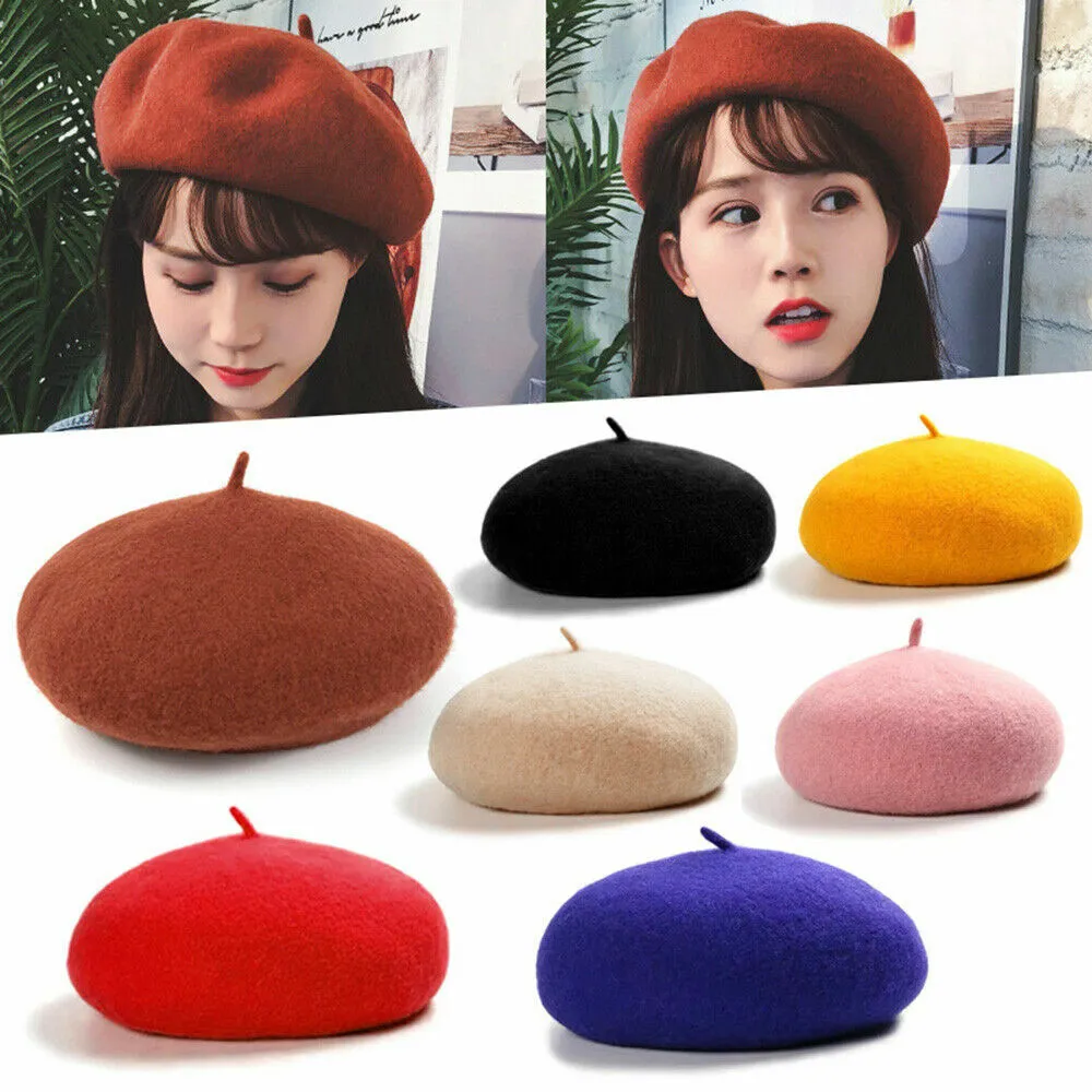 US Beanie Beret Winter Warmer French Artist Hats Ski Caps 95% Wool Solid Color
