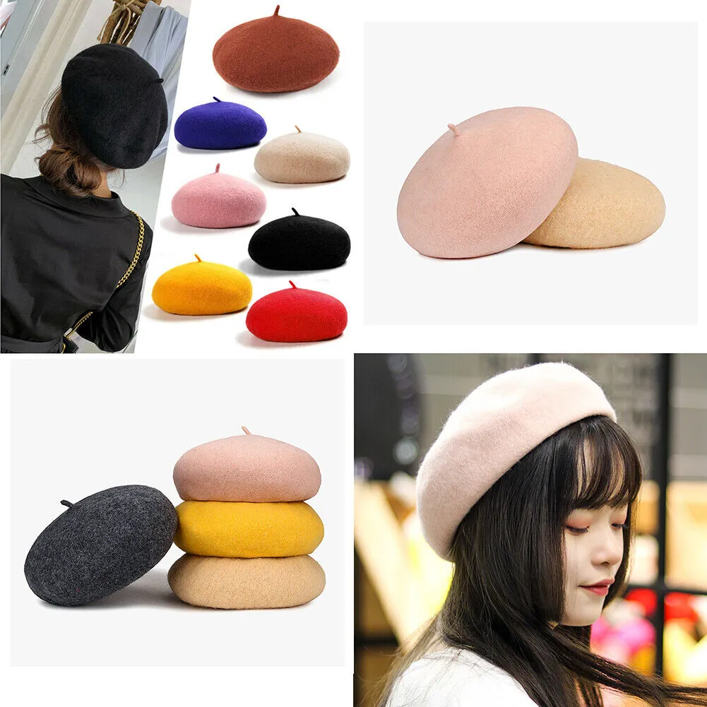 US Beanie Beret Winter Warmer French Artist Hats Ski Caps 95% Wool Solid Color