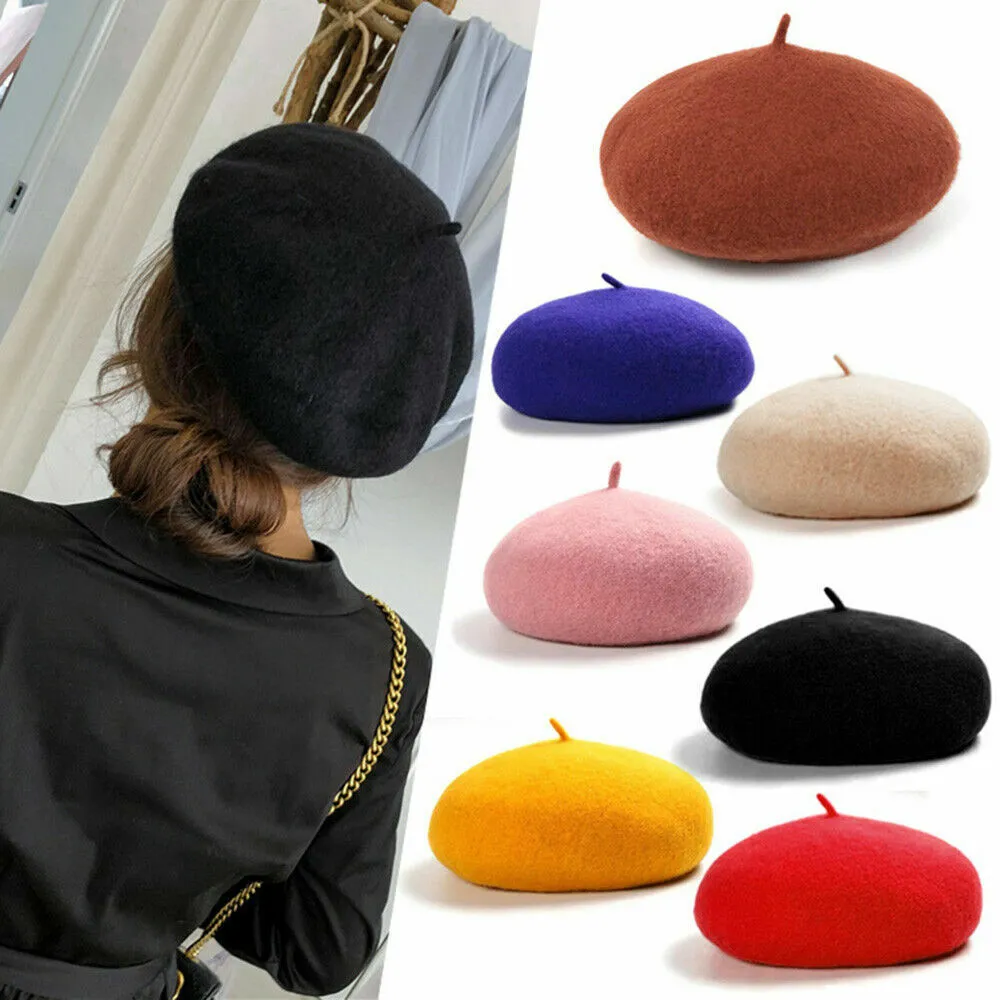 US Beanie Beret Winter Warmer French Artist Hats Ski Caps 95% Wool Solid Color