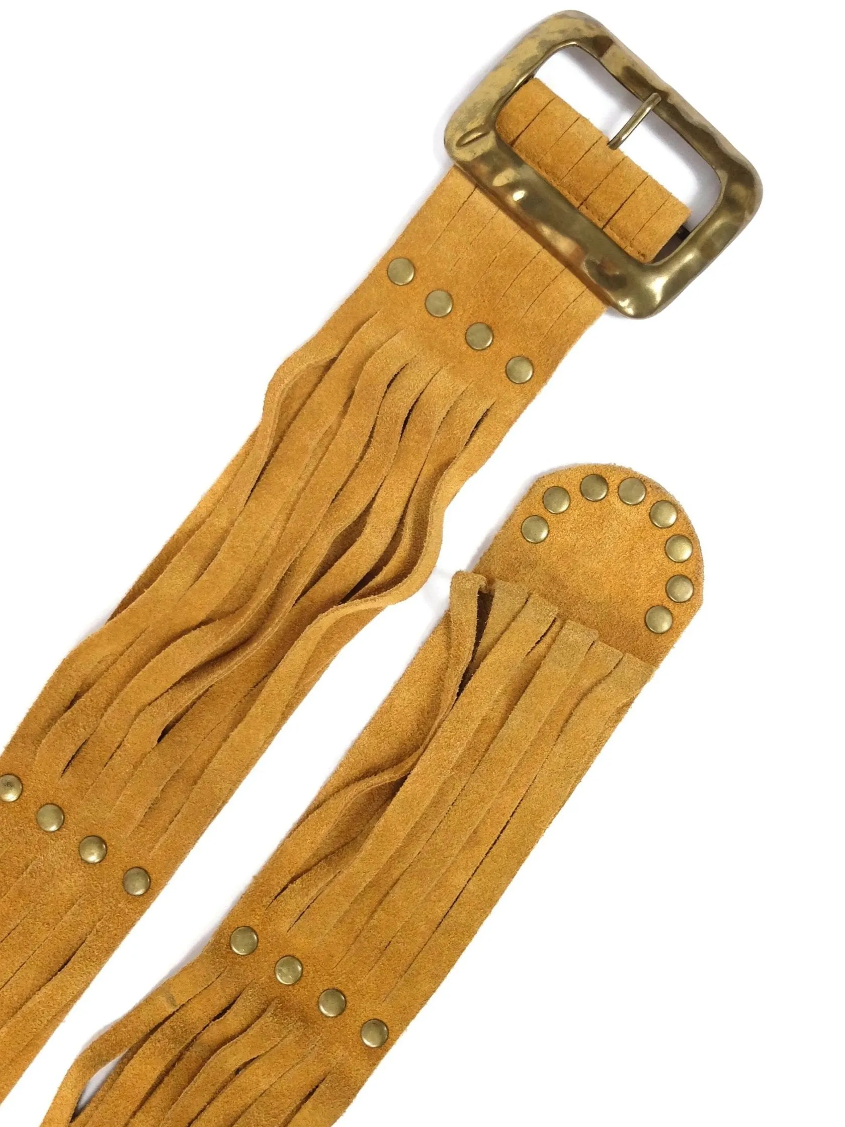 Vintage 70s Western Hippie Fringed Rust Orange Brown Suede Leather Wide Studded Buckle Belt