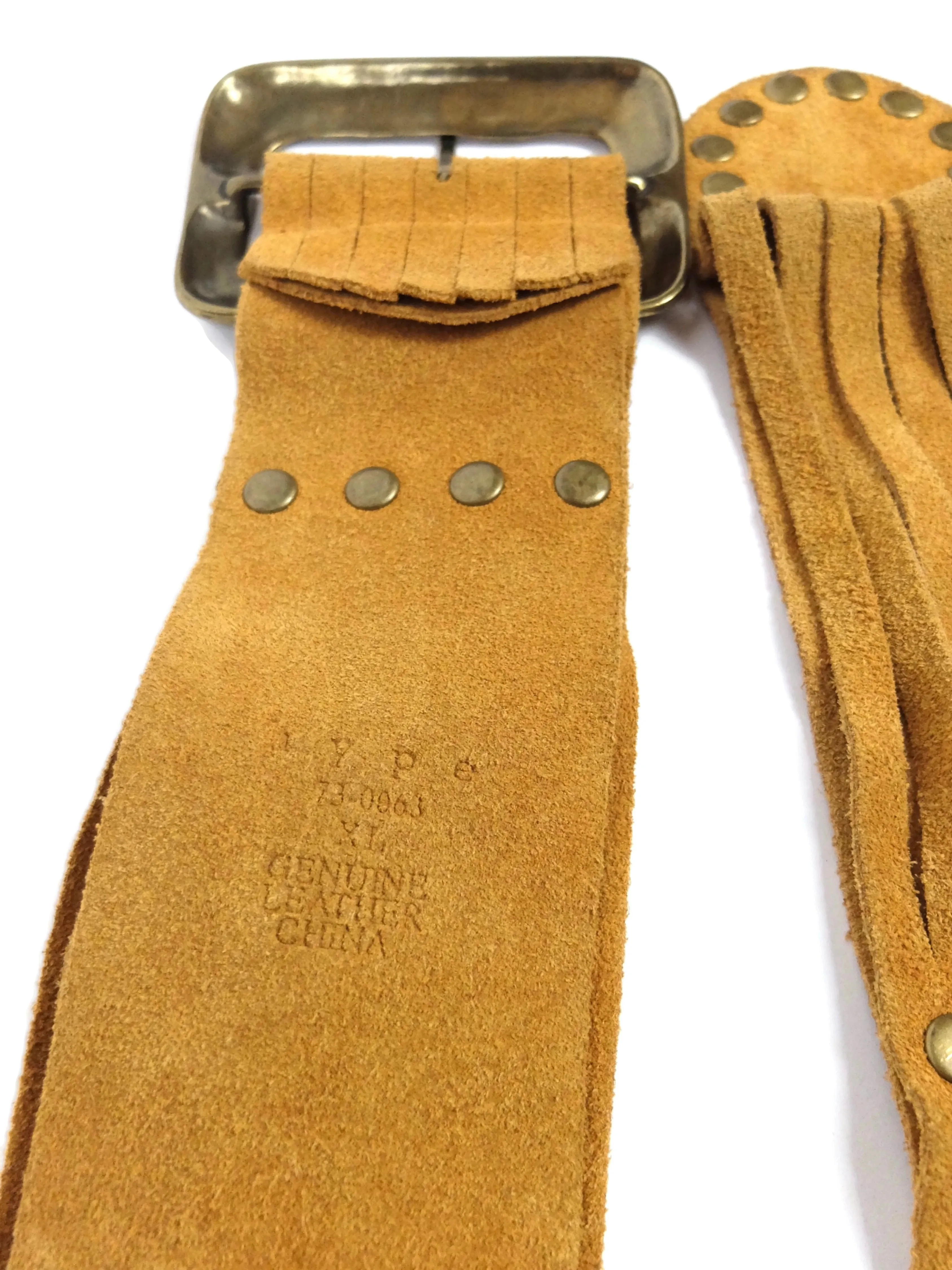 Vintage 70s Western Hippie Fringed Rust Orange Brown Suede Leather Wide Studded Buckle Belt