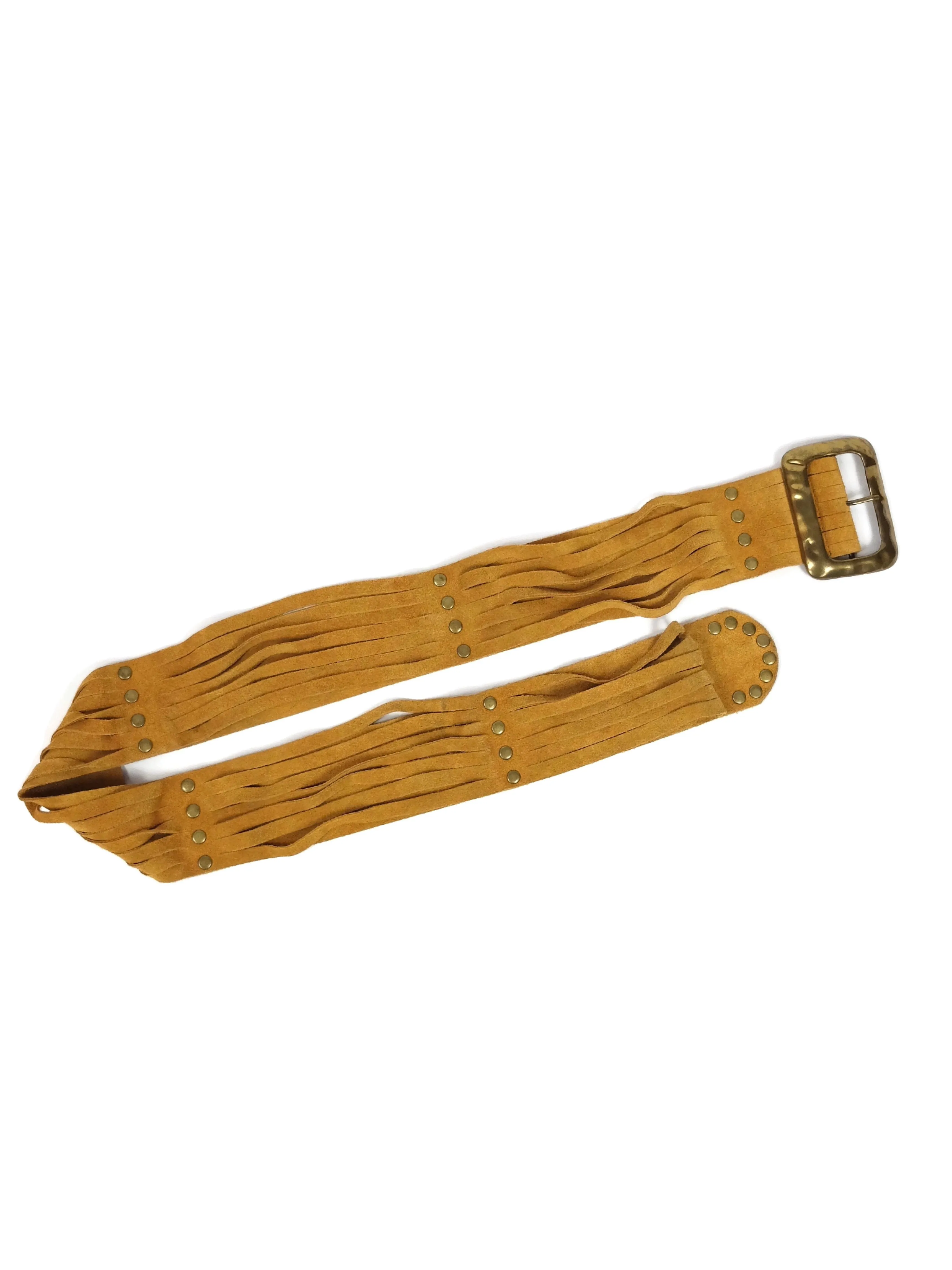 Vintage 70s Western Hippie Fringed Rust Orange Brown Suede Leather Wide Studded Buckle Belt