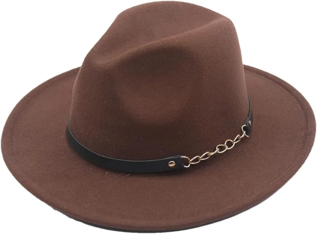 Women Solid Color Fedora Hats with Chain Belt Wide Brim Men Party Jazz Hat