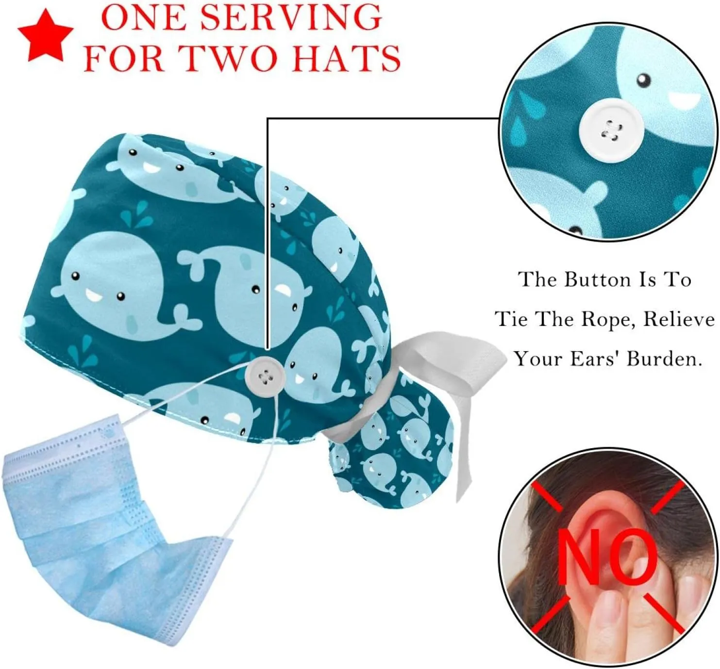 Women's Working Caps Bouffant Surgical Cap Funny Starfish Tortoise Crab Ocean World Ponytail Holder Tie Back Scrub Hat
