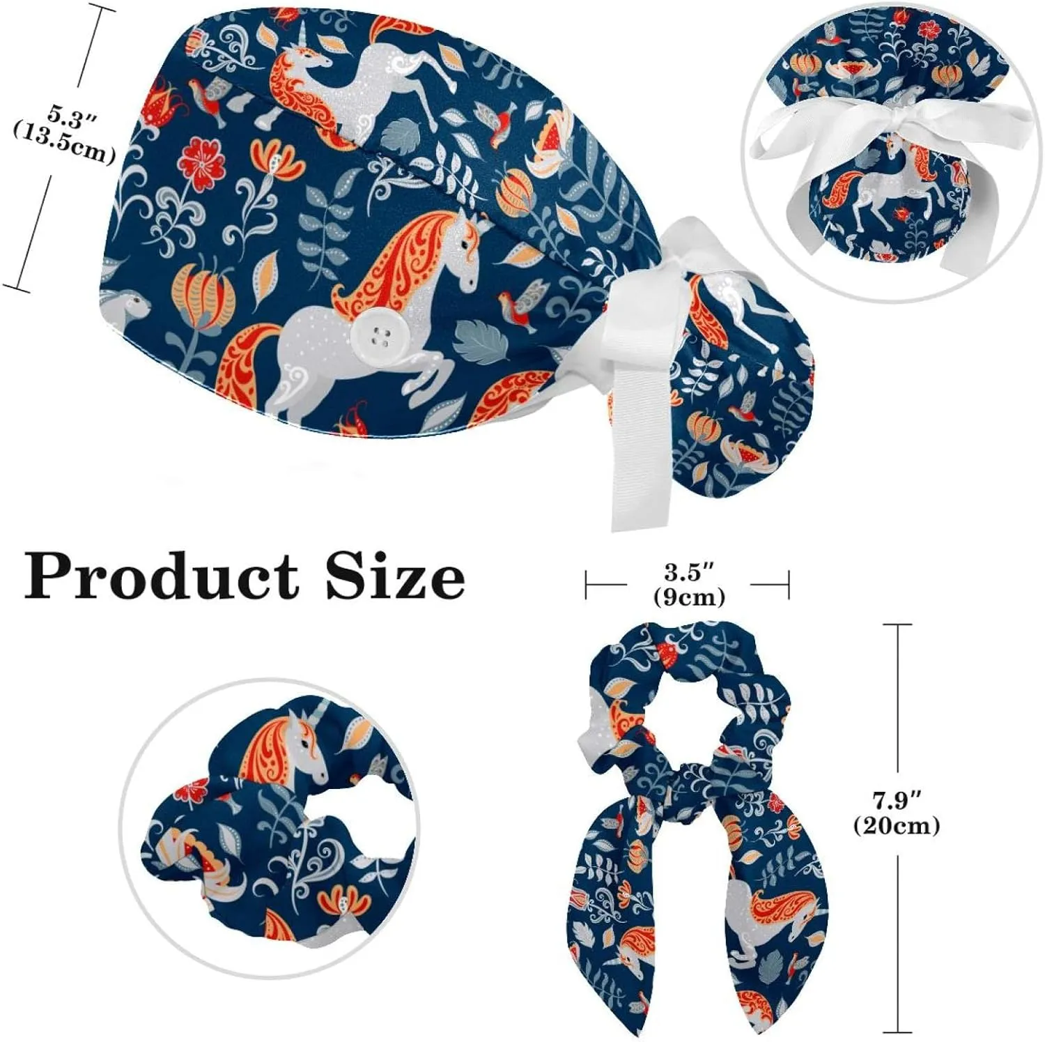 Women's Working Caps Bouffant Surgical Cap with Bow Scrunchies Little Daisy Art Paint Ponytail Holder Tie Back Scrub Hat