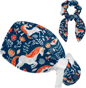 Women's Working Caps Bouffant Surgical Cap with Bow Scrunchies Little Daisy Art Paint Ponytail Holder Tie Back Scrub Hat