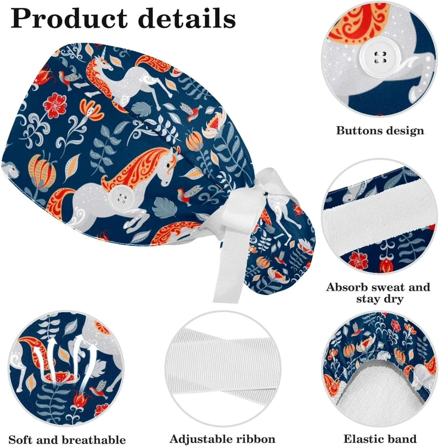 Women's Working Caps Bouffant Surgical Cap with Bow Scrunchies Little Daisy Art Paint Ponytail Holder Tie Back Scrub Hat