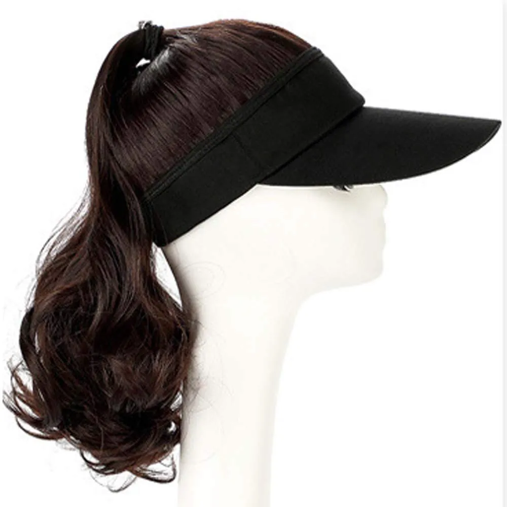 YEKEYI Outdoor Hat Wig Hat with Hair Ponytail Wig Baseball Cap with Hair Brown Black Wavy Women Wig Hats